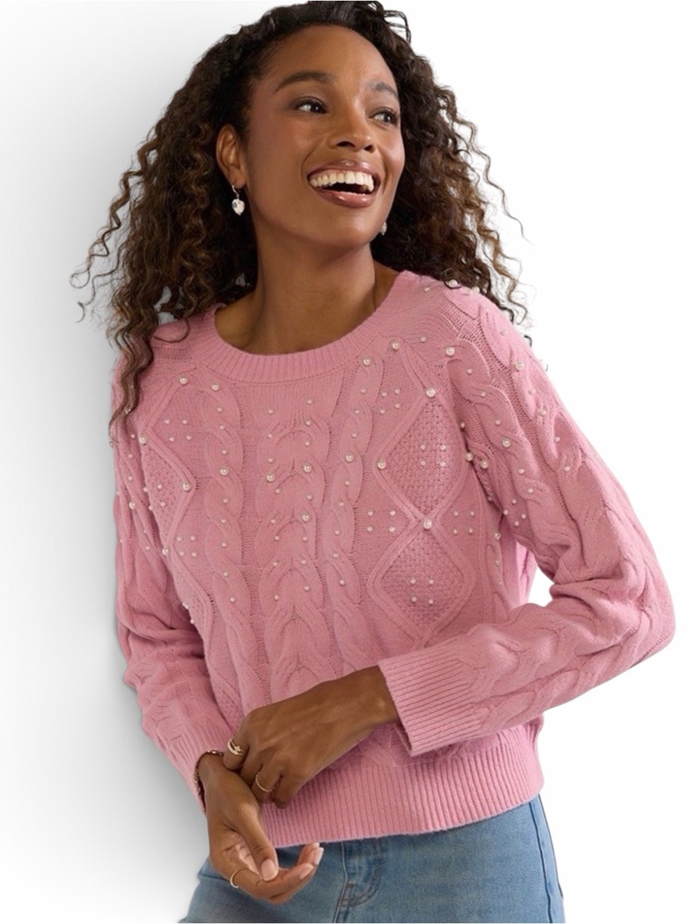 Francesca's Beverly Pearl Embellished Cable Pullover Sweater